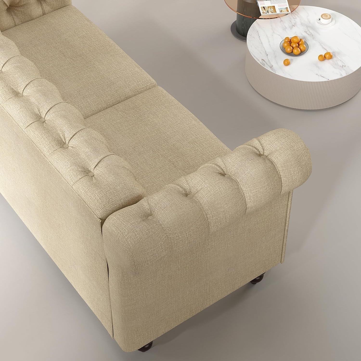 Luxury 2 Seater Chesterfield Sofa Beige Linen Couch for Lounge & Office
