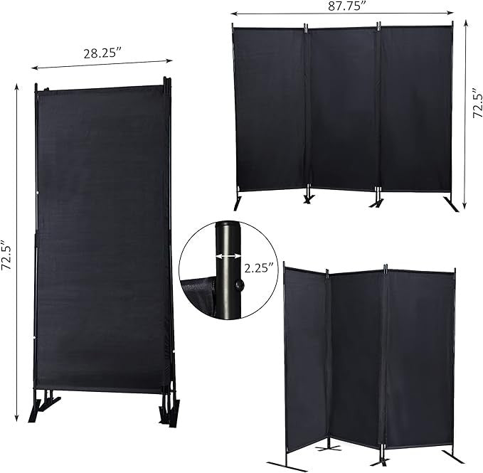 3 Panel Folding Privacy Screen 7FT – Black Freestanding Room Divider for Home