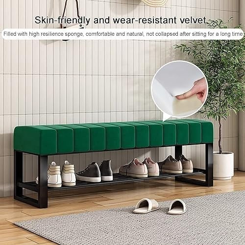 2-Tier Velvet Shoe Bench with Padded Seat – Entryway & Bedroom Rack Green