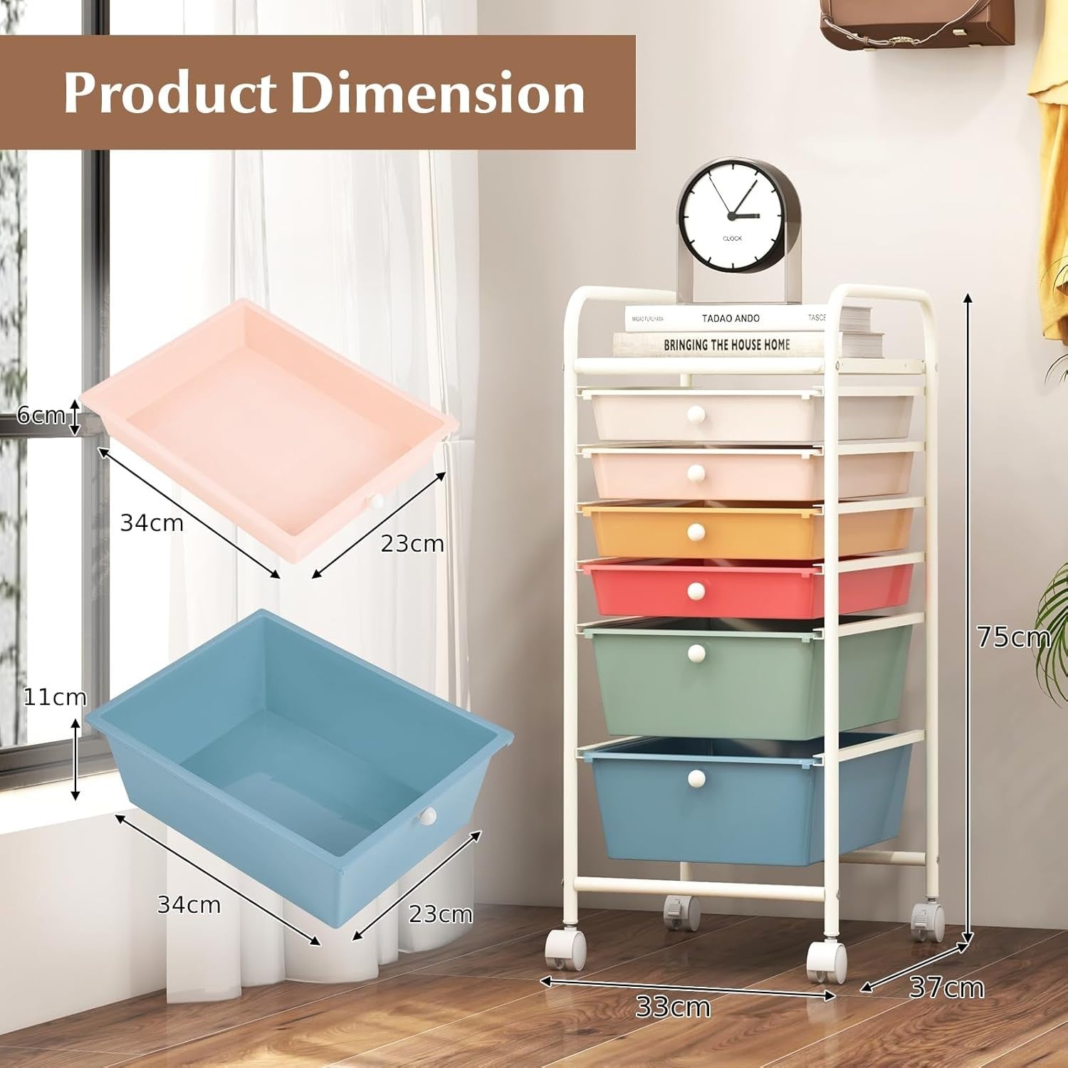 6 Drawer Colorful Rolling Storage Trolley Utility Cart with Wheels