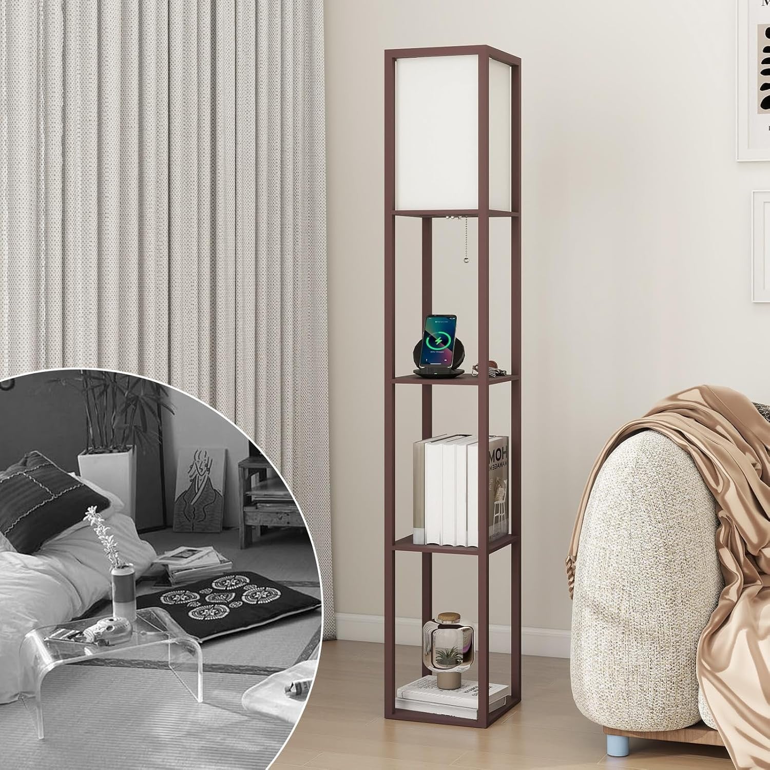 Floor Lamp with Shelves Wooden Storage Standing Light Reading Lamp Modern
