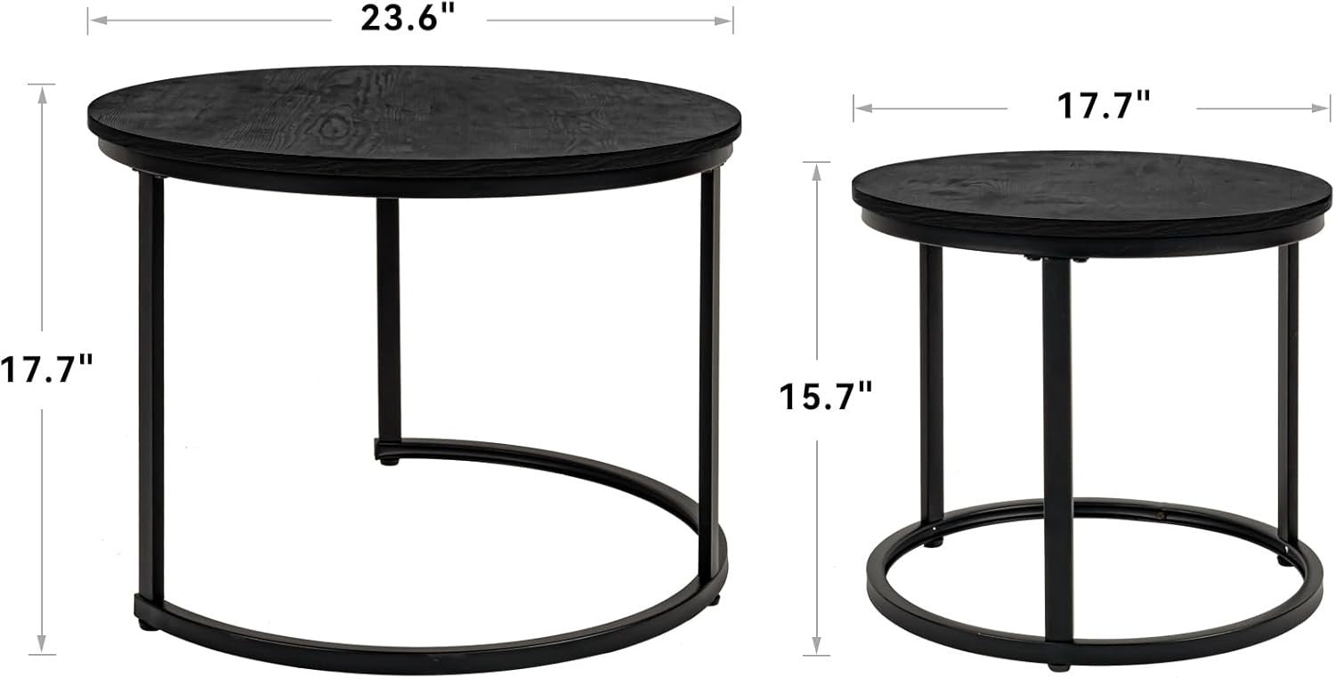 Round Nesting Coffee Tables Set of 2, Storage Shelf, Metal Frame, Modern