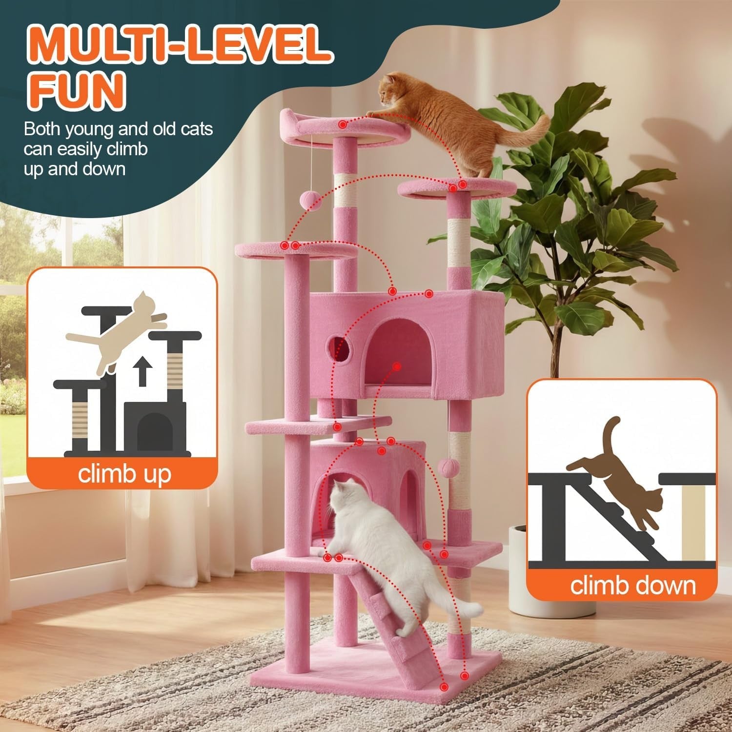 Pink Multi Level Cat Tree Tower 139cm with Condo Scratching Posts Play Centre