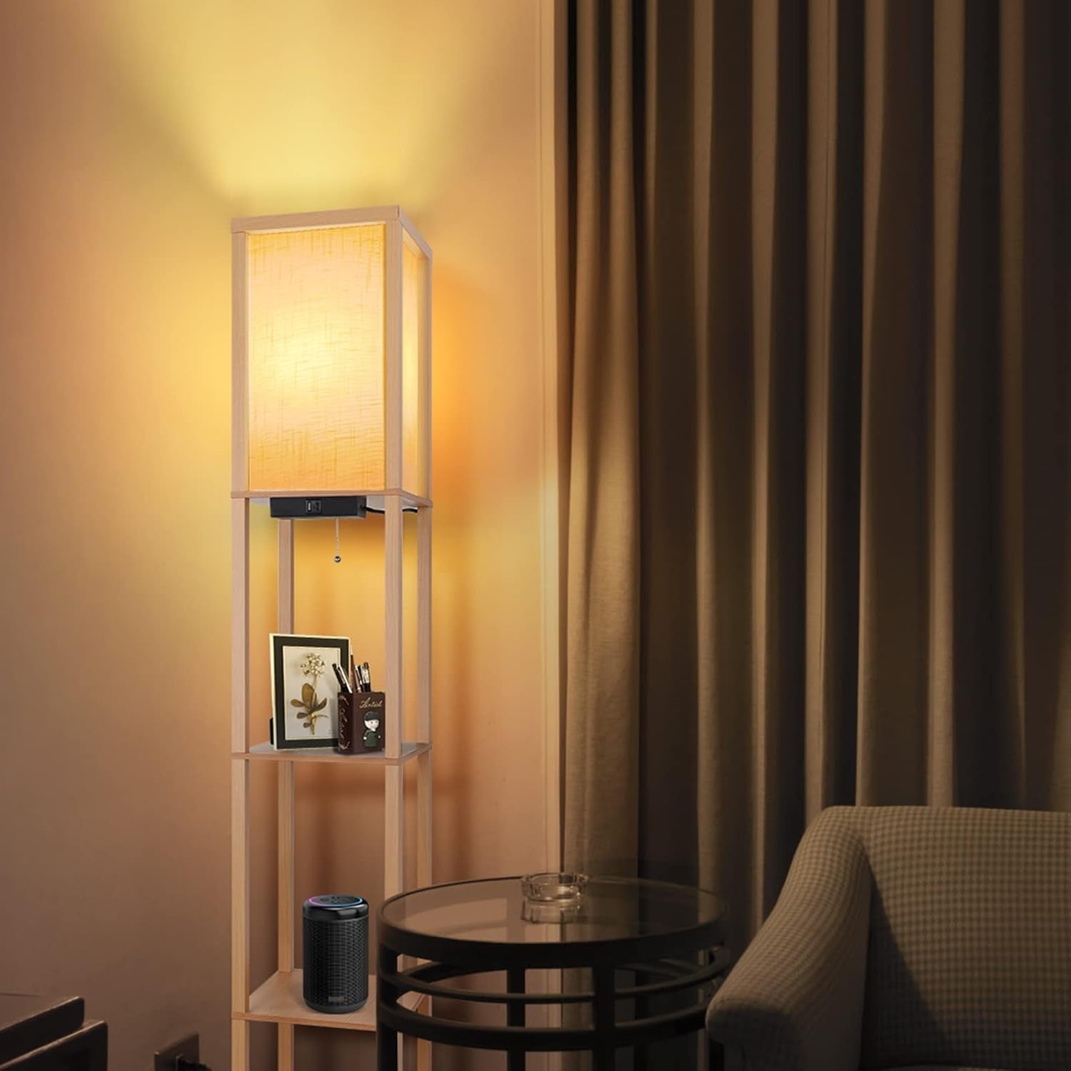 Floor Lamp with Shelves USB C Charging LED Wooden Standing Storage Light