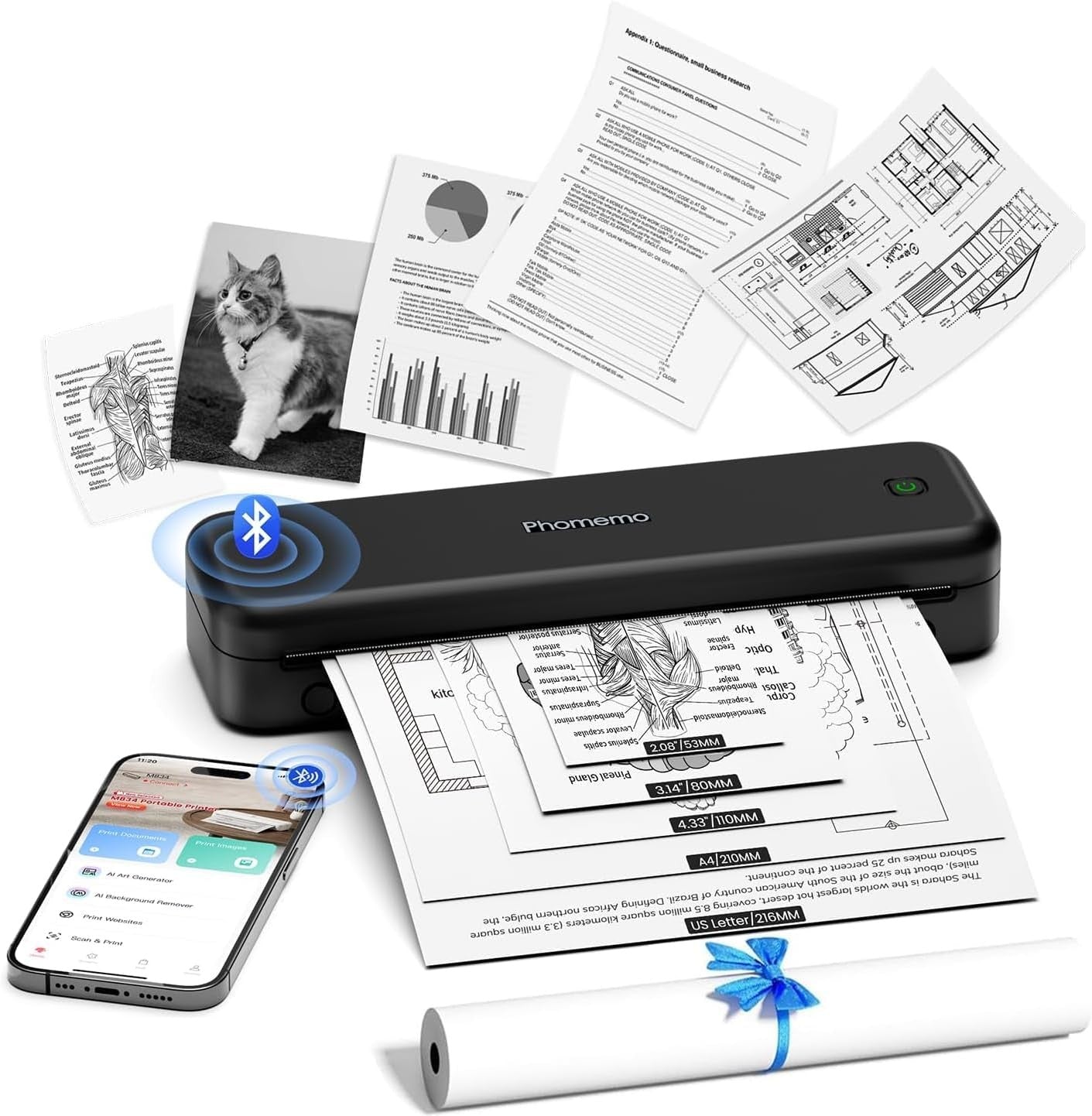 Portable A4 Thermal Printer Bluetooth Inkless Phone Laptop