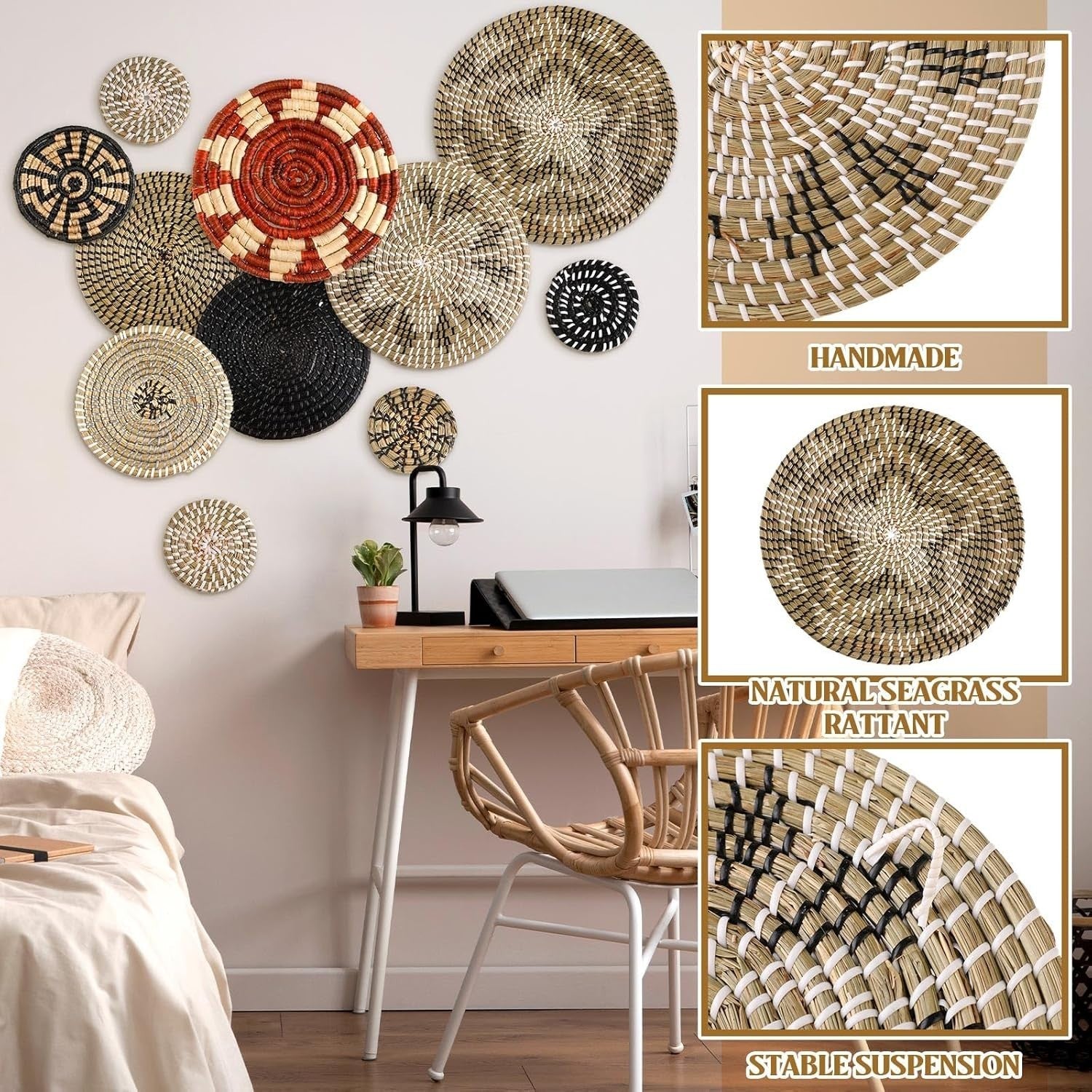 11PCS Boho Woven Wall Baskets Bulrush Farmhouse Decor Clr Dark