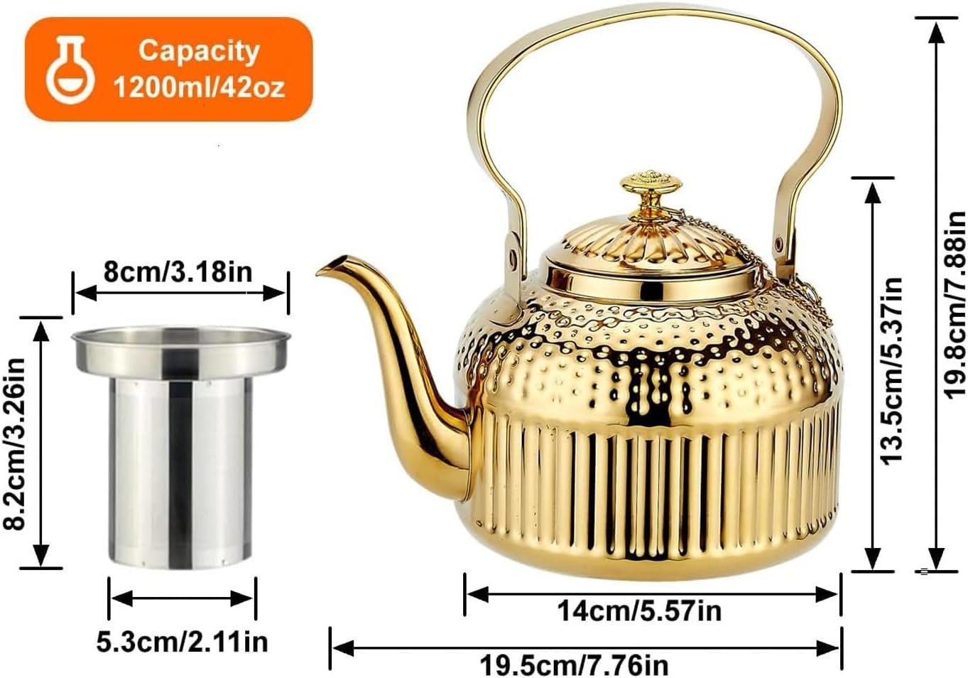 Gold Stainless Steel Teapot 1.2L Infuser Loose Leaf Tea Pot 6 Cups