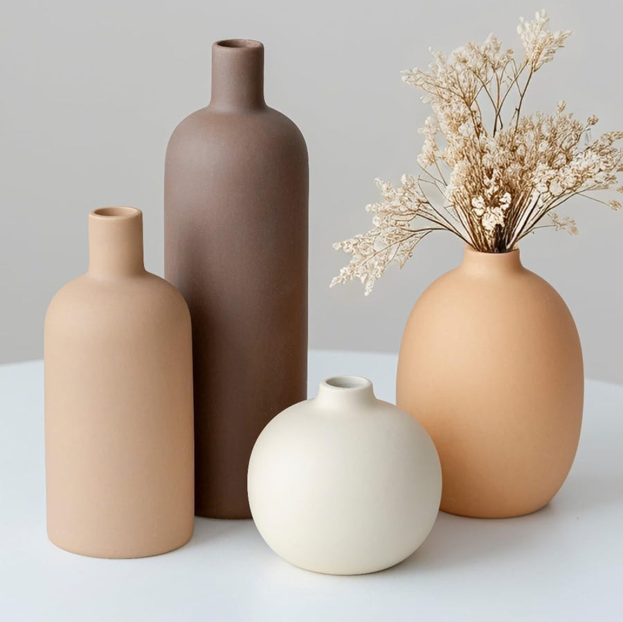 Modern Ceramic Vase Set 4 Neutral Coffee Tones Minimalist Home Decor