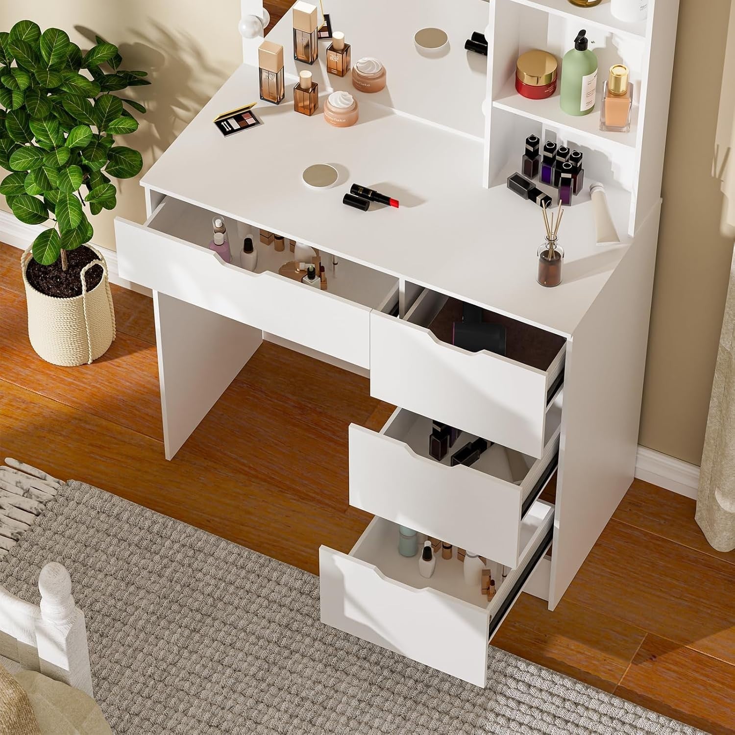 Modern LED Vanity Makeup Dressing Table Desk Mirror Drawers White Bedroom