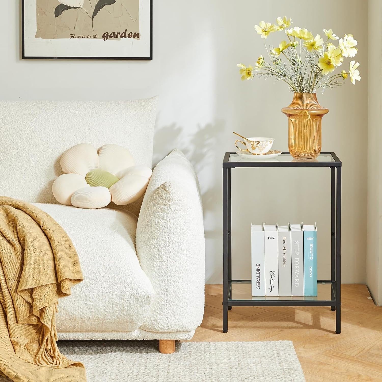 Black 2-Tier Side Table 38x28x56 cm | Sofa & Bedside Table w/ Tempered Glass
