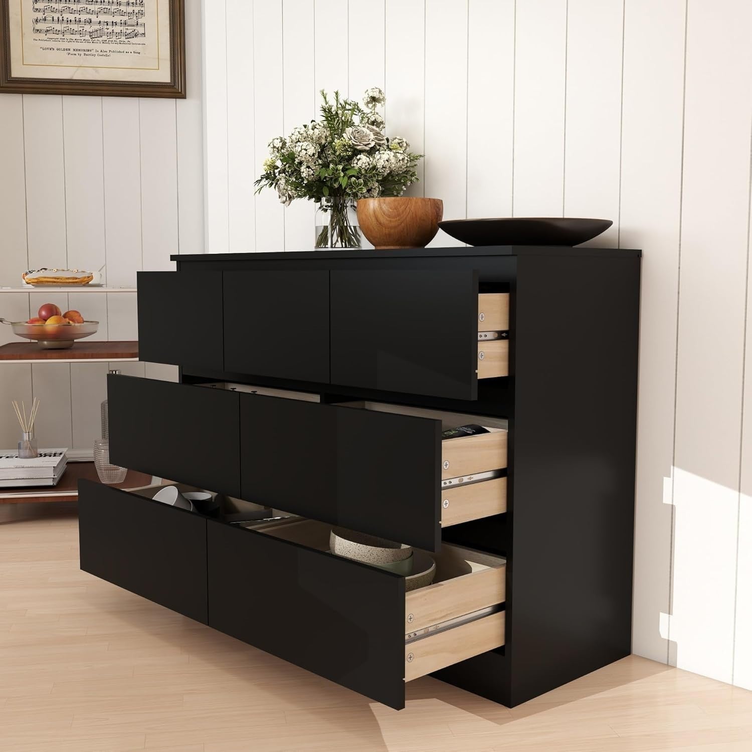 Black 7 Drawer Chest Wide Modern Storage Unit No Handle 106cm Bedroom