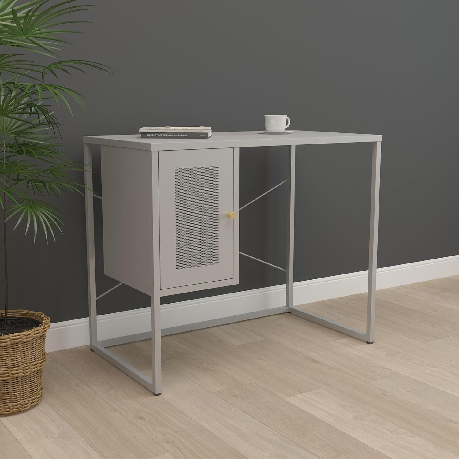 Grey Metal Computer Desk w/Storage Compartment | 100cm Home Office Table