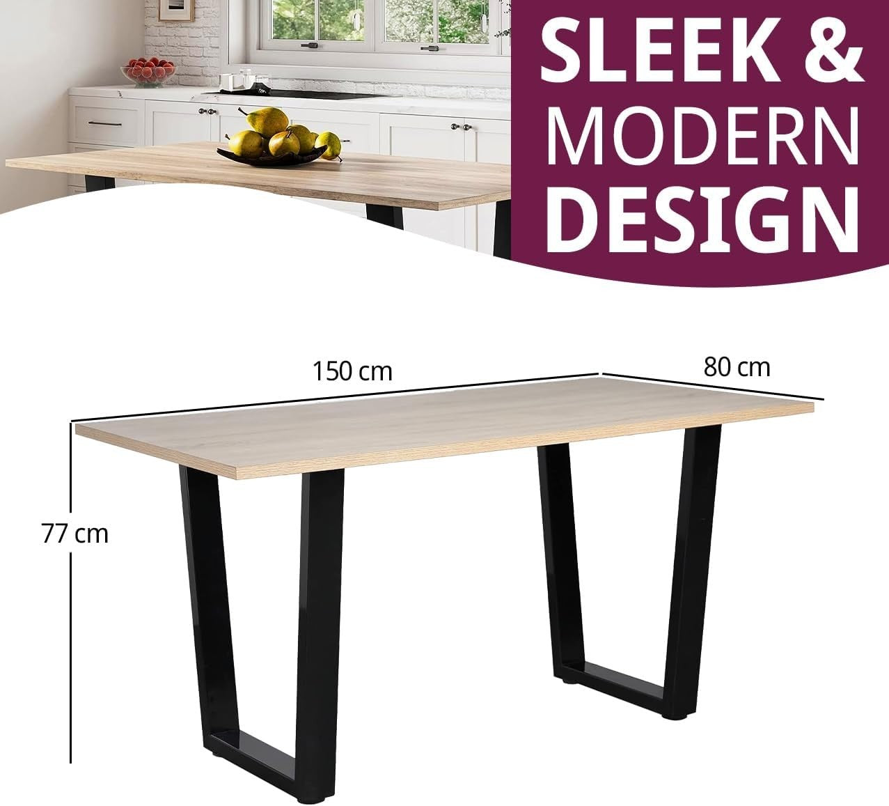 Industrial Oak Dining Table 150cm Metal Legs, 4-6 Seater Modern Home