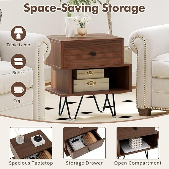 Modern Walnut Bedside Tables Set of 2, Wood Nightstands with Drawer & Shelf