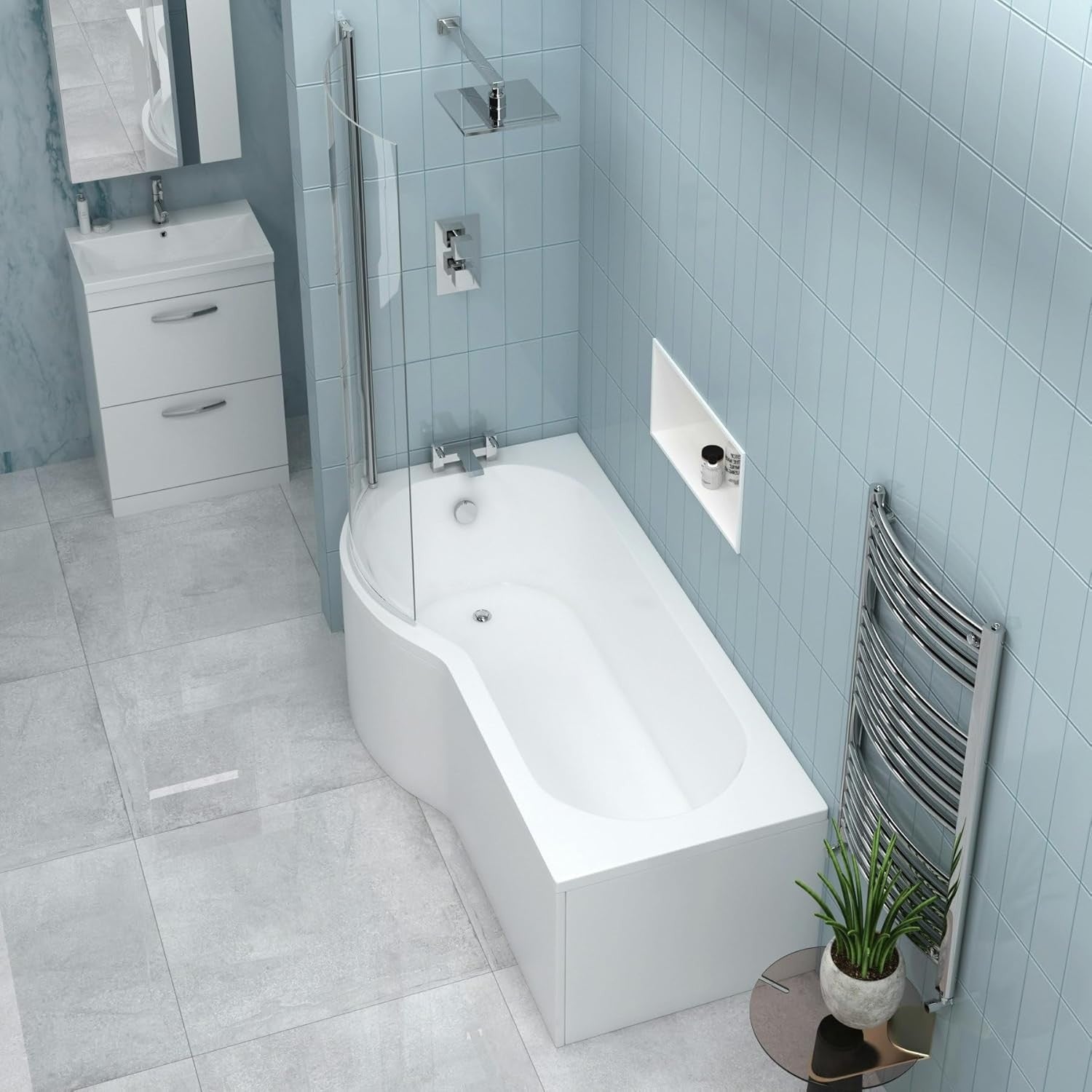 1700x850mm Left Hand P-Shaped Acrylic Shower Bath with Front Panel Glass Screen