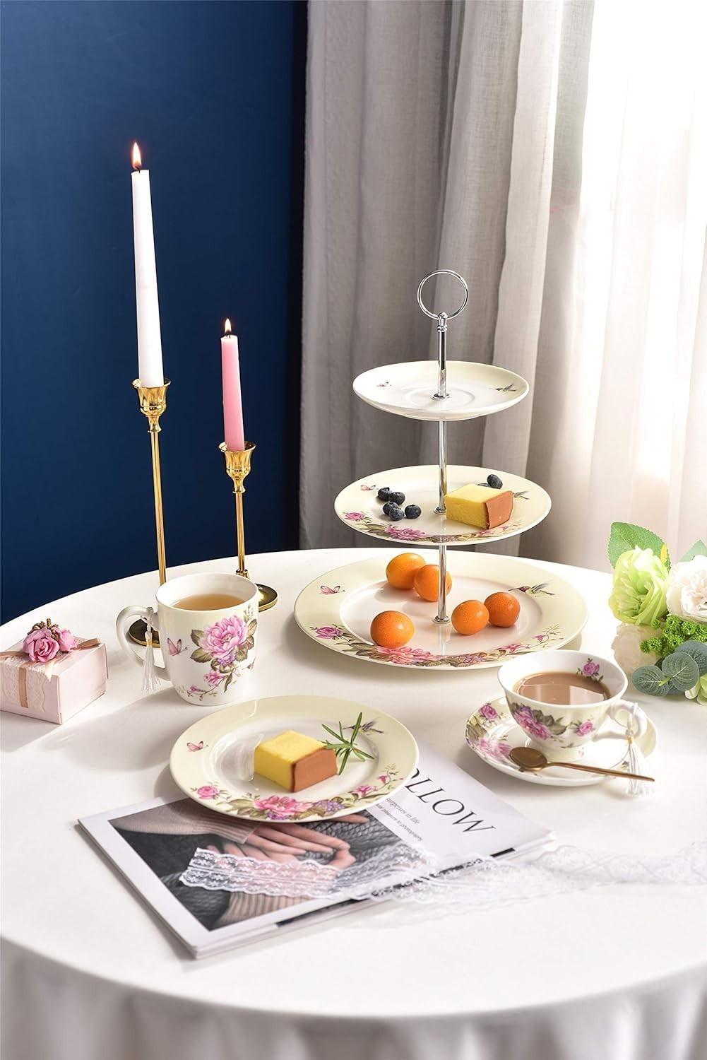 Tea For One Teapot Cup Saucer Set Beige Floral Bird Rose Gift Box