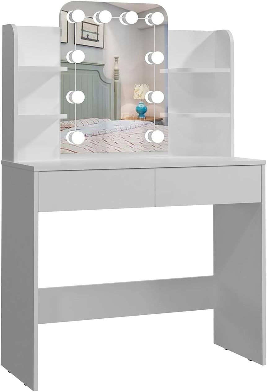 Hollywood LED Vanity Dressing Table Makeup Desk 2 Drawers Storage White Modern