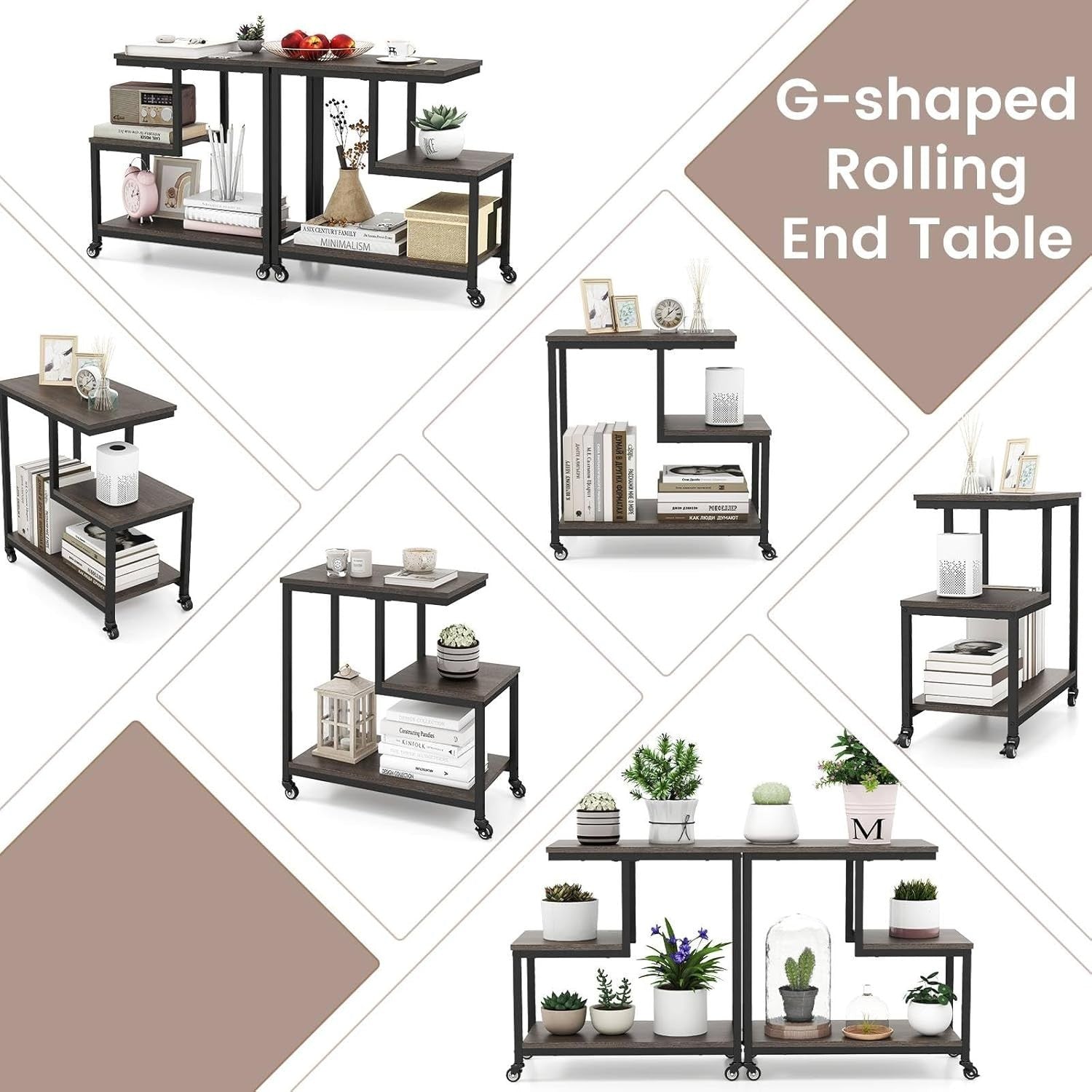 G-Shaped 3-Tier Sofa Side Table with Wheels | Grey Black End Table Storage