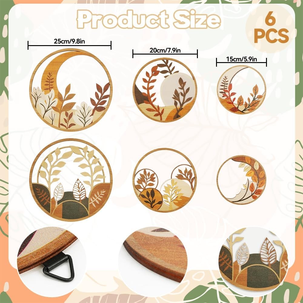 Boho Wooden Wall Art Set of 6 Botanical Circles Living Room Bedroom Decor