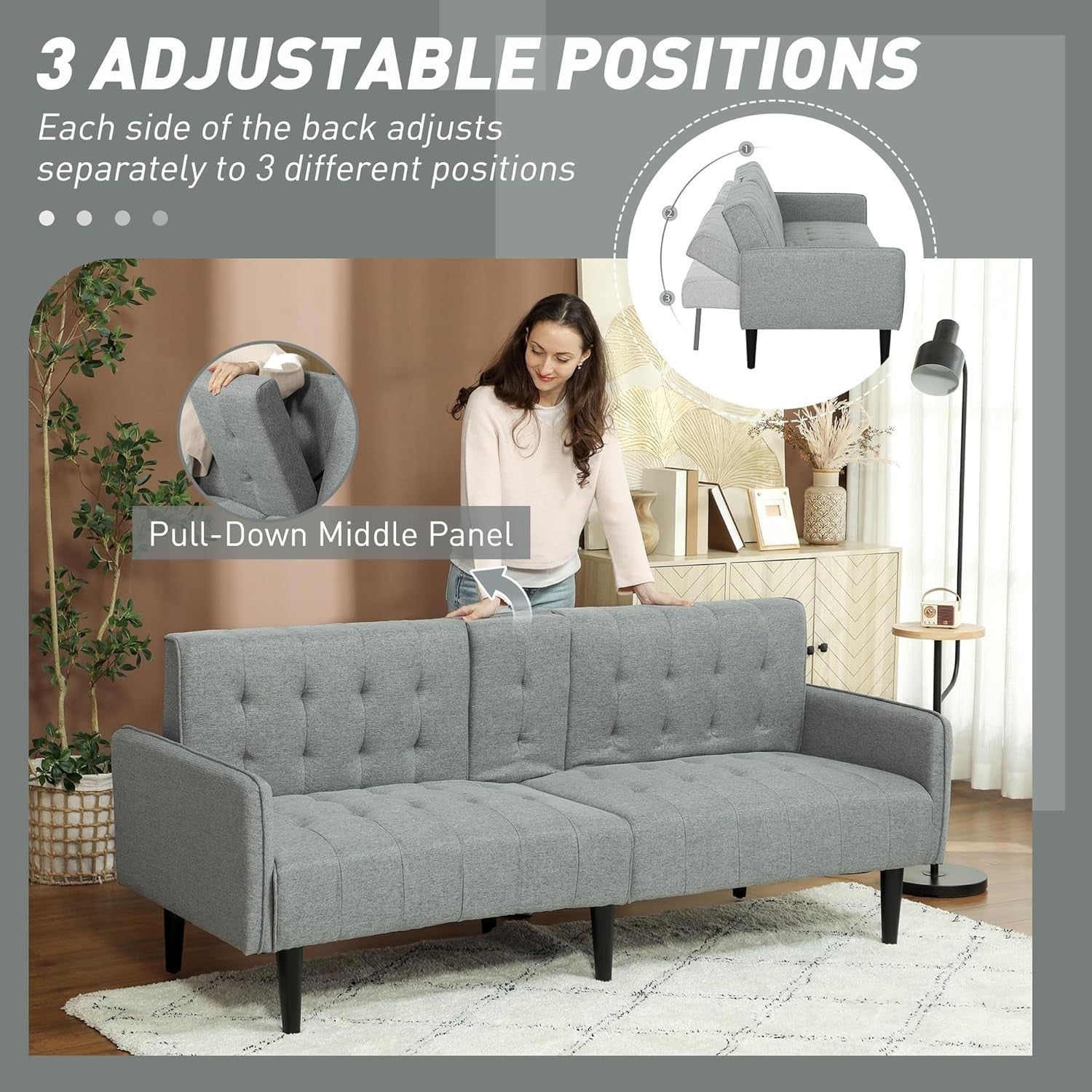 Click Clack Sofa Bed 3 Seater Light Grey Linen Couch w/ Cup Holders