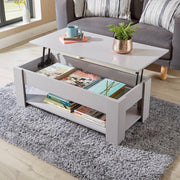 Lift Top Grey Coffee Table 100x50cm with Hidden Storage & Shelf Modern