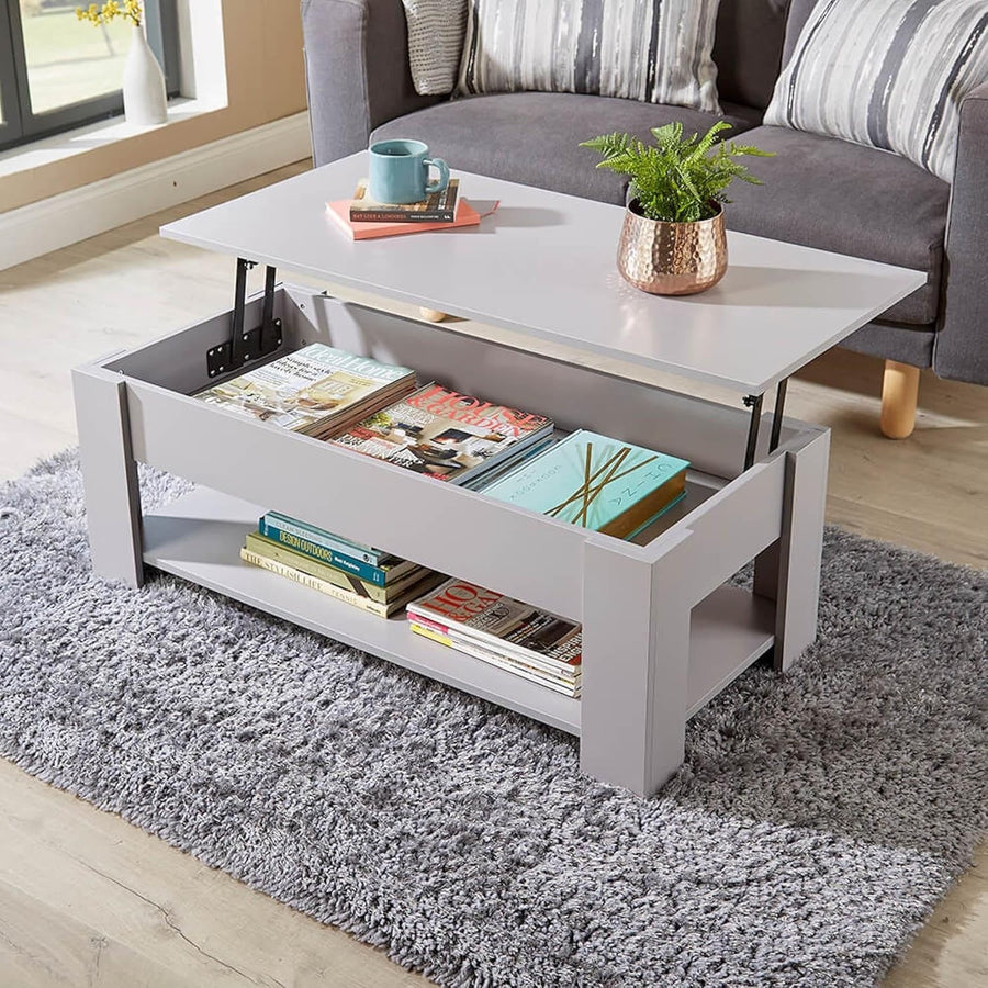 Lift Top Grey Coffee Table 100x50cm with Hidden Storage & Shelf Modern