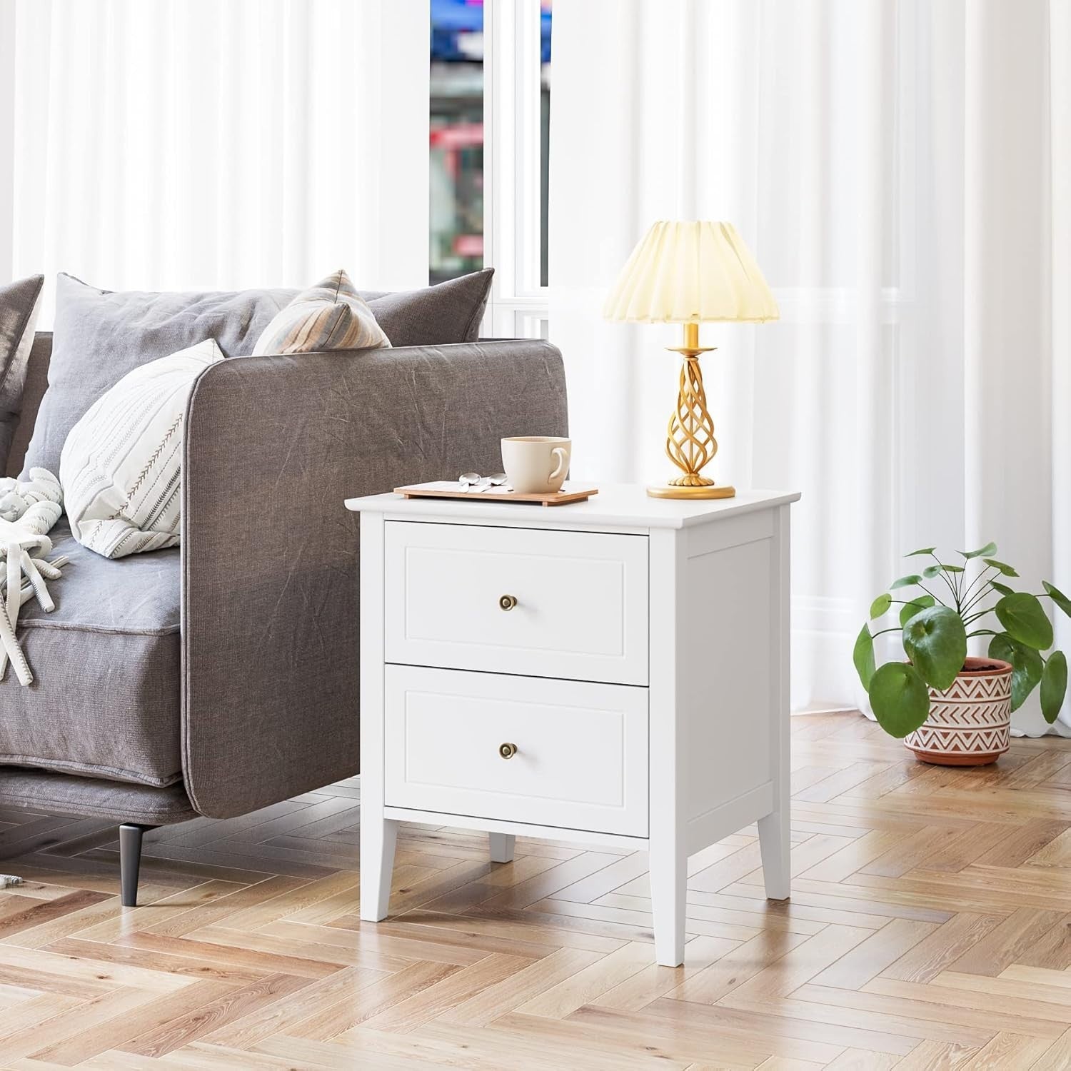 White Bedside Table with 2 Drawers | Modern Wooden Nightstand