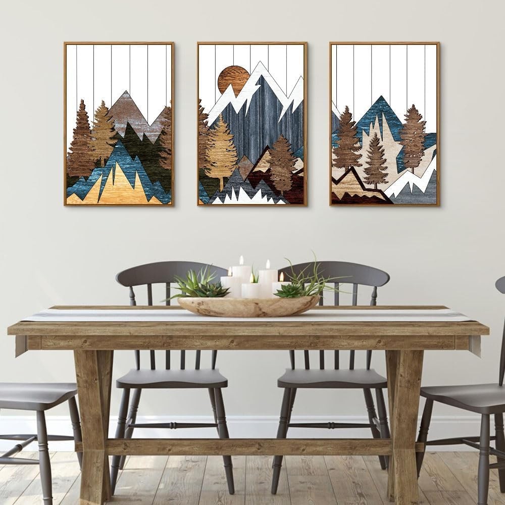 Mountain Woodcut Framed Canvas Wall Art Set 3 Rustic Forest Home Decor