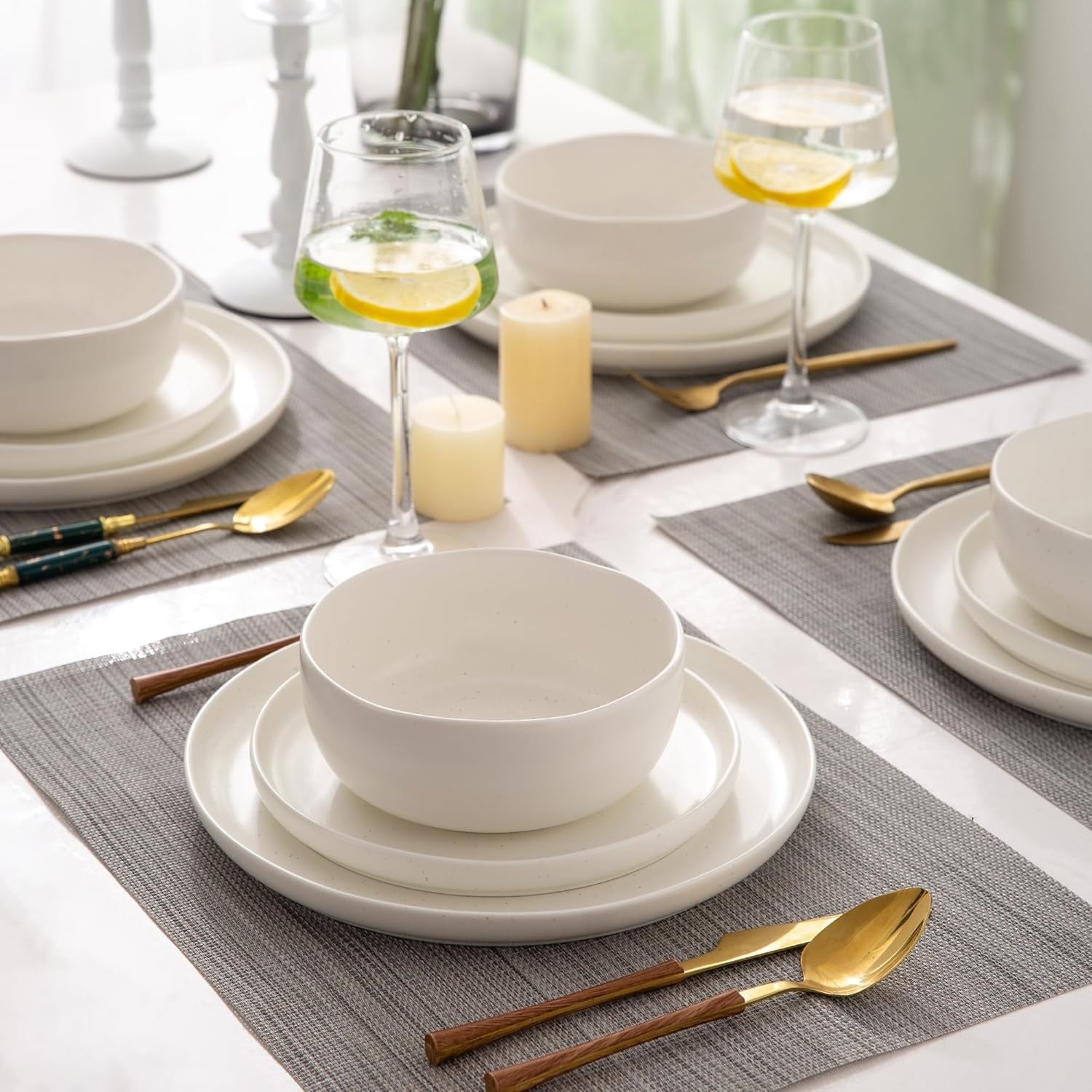 18pc Stoneware Dinner Set Wavy Rim Plates Bowls Matte Speckled White