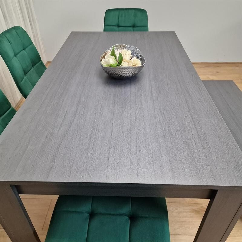 Dark Grey Dining Table Set with 4 Green Chairs & Bench, 6 Seater Kitchen