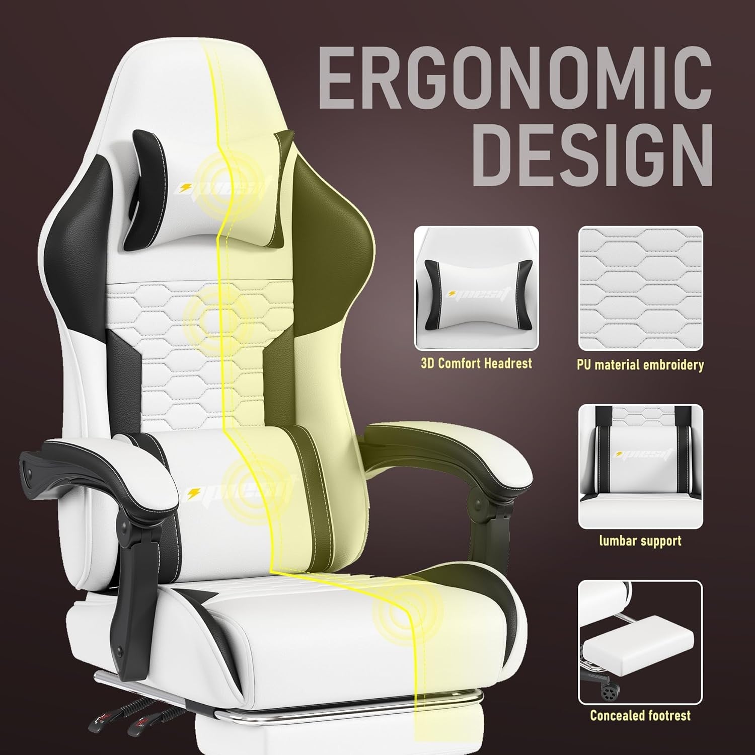 Ergonomic Gaming Chair with Footrest Reclining Swivel White