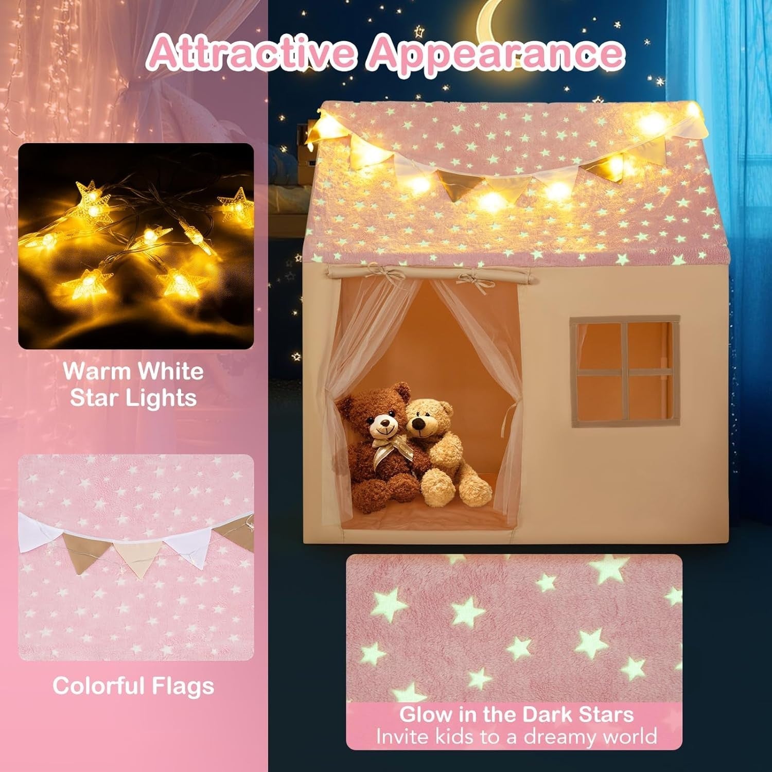 Glow in Dark Kids Castle Play Tent Indoor w Lights Mat Flags