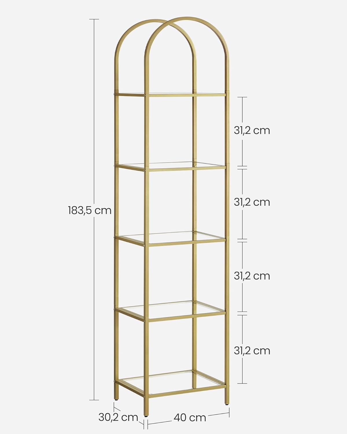 5-Tier Gold & Glass Shelving Unit Tall Arched Display Rack for Modern Homes