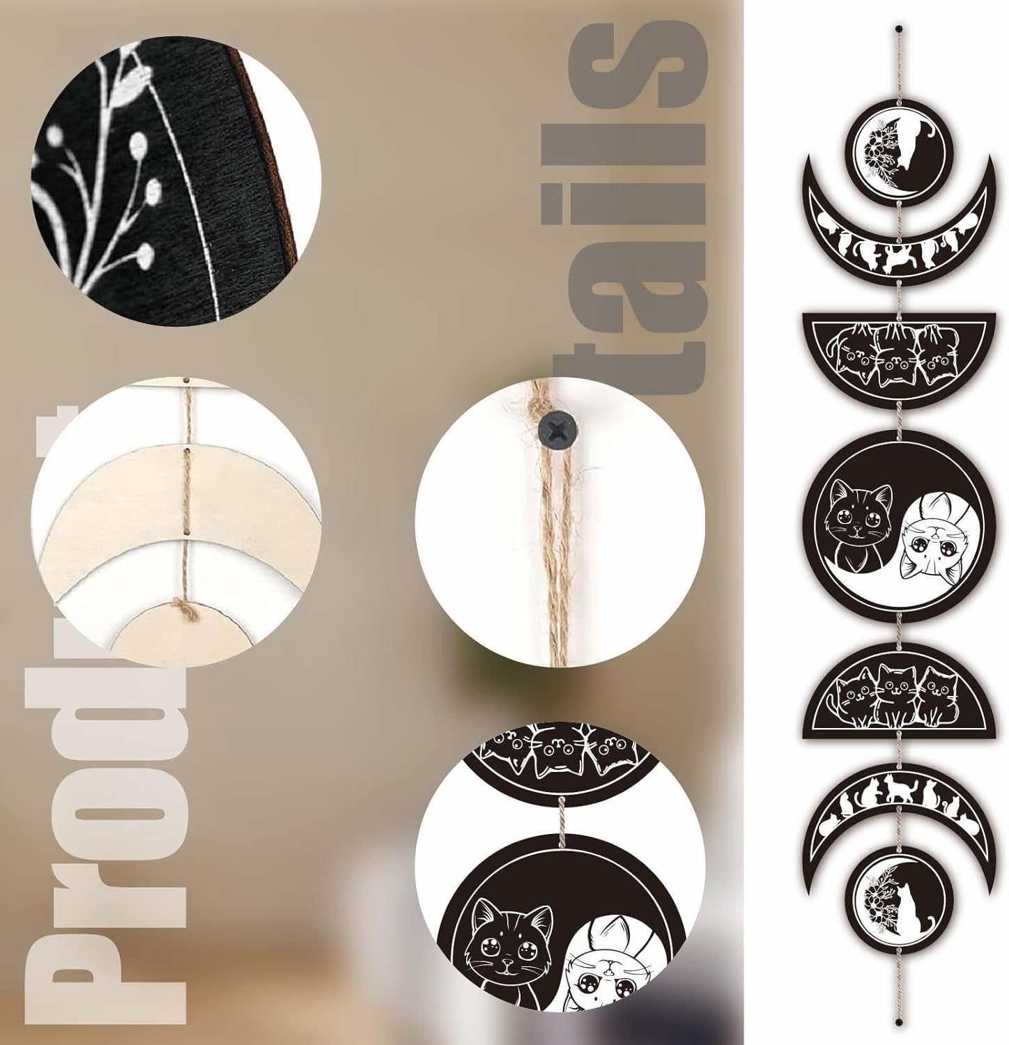 Moon Phase Wall Decor Wooden Boho 7-Piece Cat Yin Yang Art