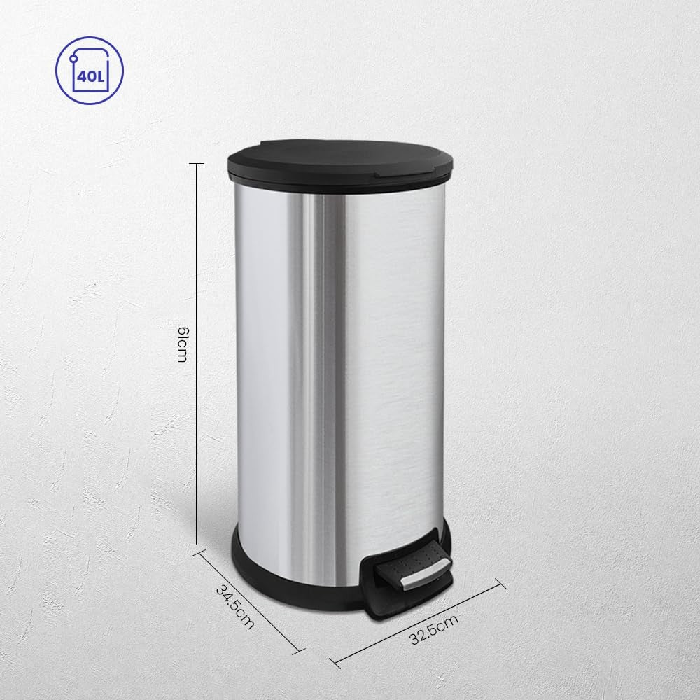 40L Round Stainless Steel Pedal Bin Kitchen Soft Close Silver