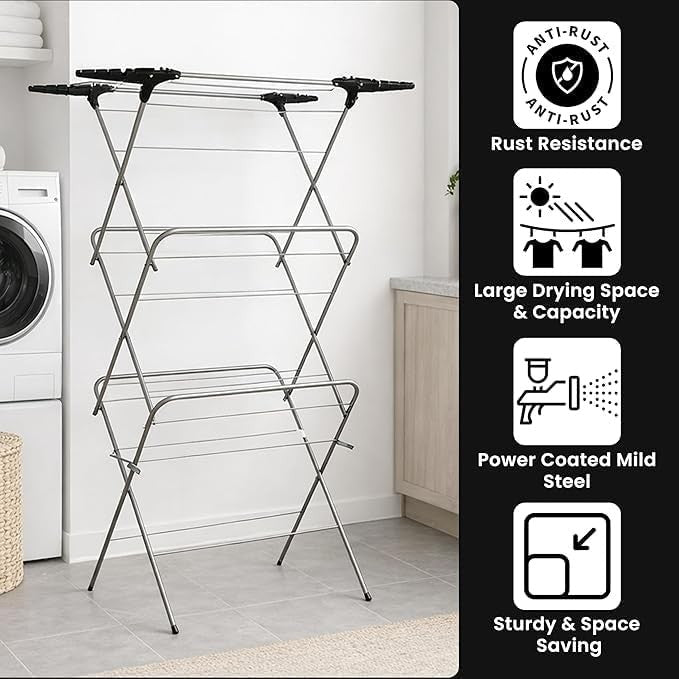 3 Tier Folding Clothes Airer with Radiator Wings Indoor Outdoor Drying Rack