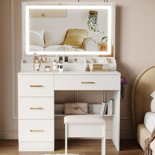 White Modern Vanity Desk w/Lighted Mirror Stool UK Plug 4 Drawers Study Table