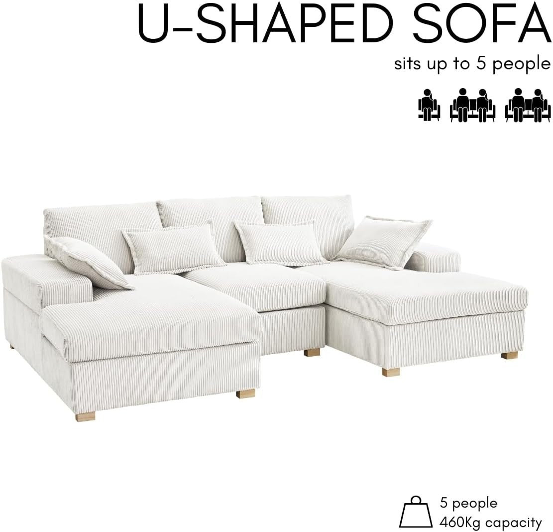 U-Shape Fabric Sofa Jumbo Cord 4-Seater Cream | Deep Seat + Optional Footstool
