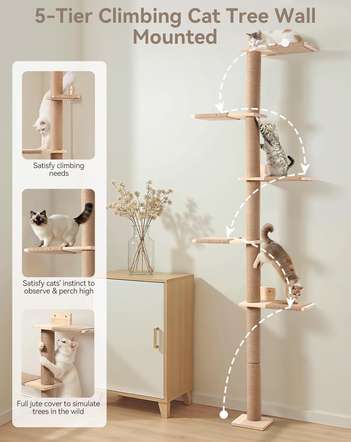 Floor to Ceiling Cat Tree 213cm Wall Mounted Scratching Post Shelves Tower