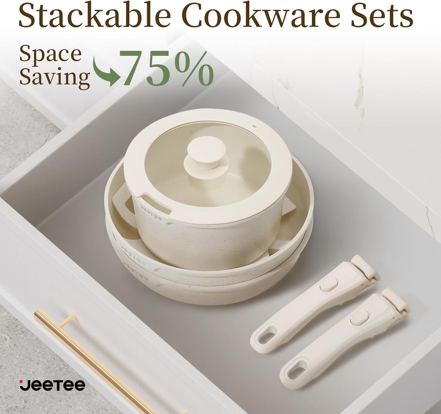 17pcs Beige Non Stick Cookware Set with Detachable Handles  Induction Oven Safe