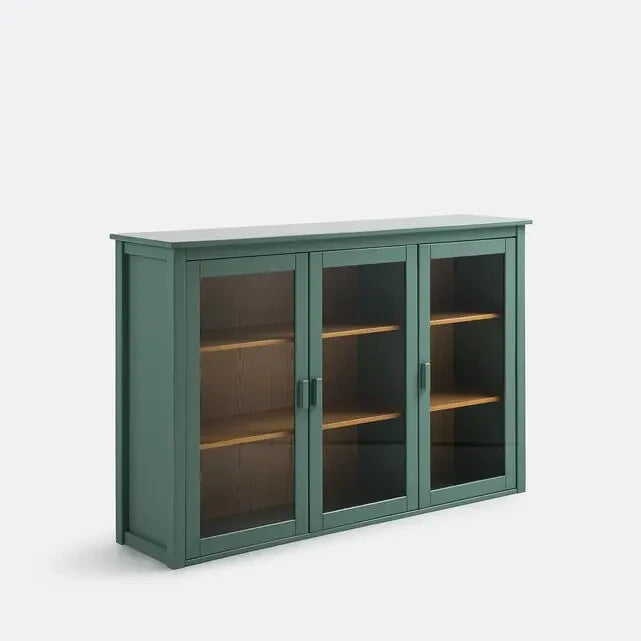 Solid Pine Glass Display Cabinet Sideboard Unit 160cm Green Storage Shelves