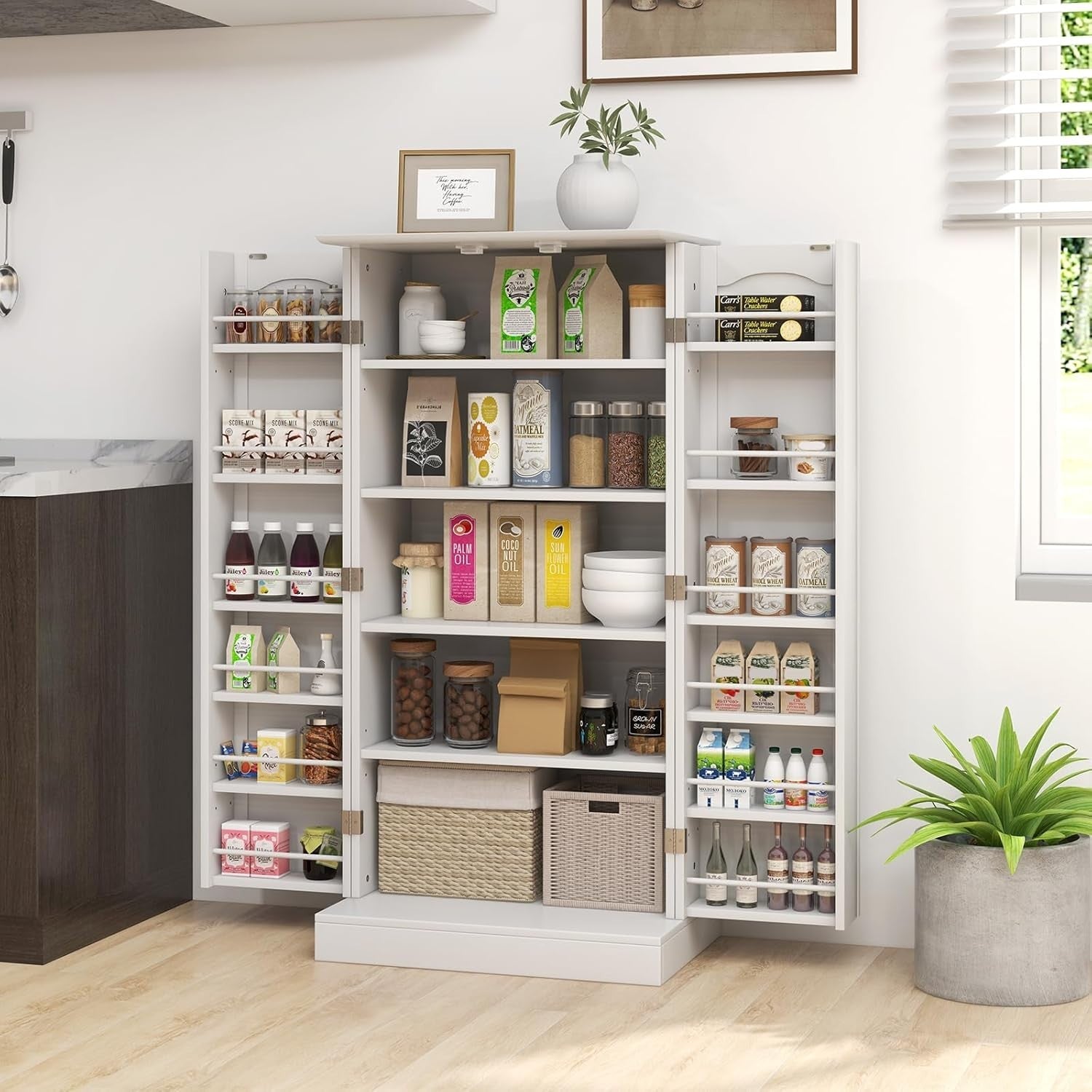 White 60x40x120cm Kitchen Cupboard Pantry Cabinet Lockable Adjustable
