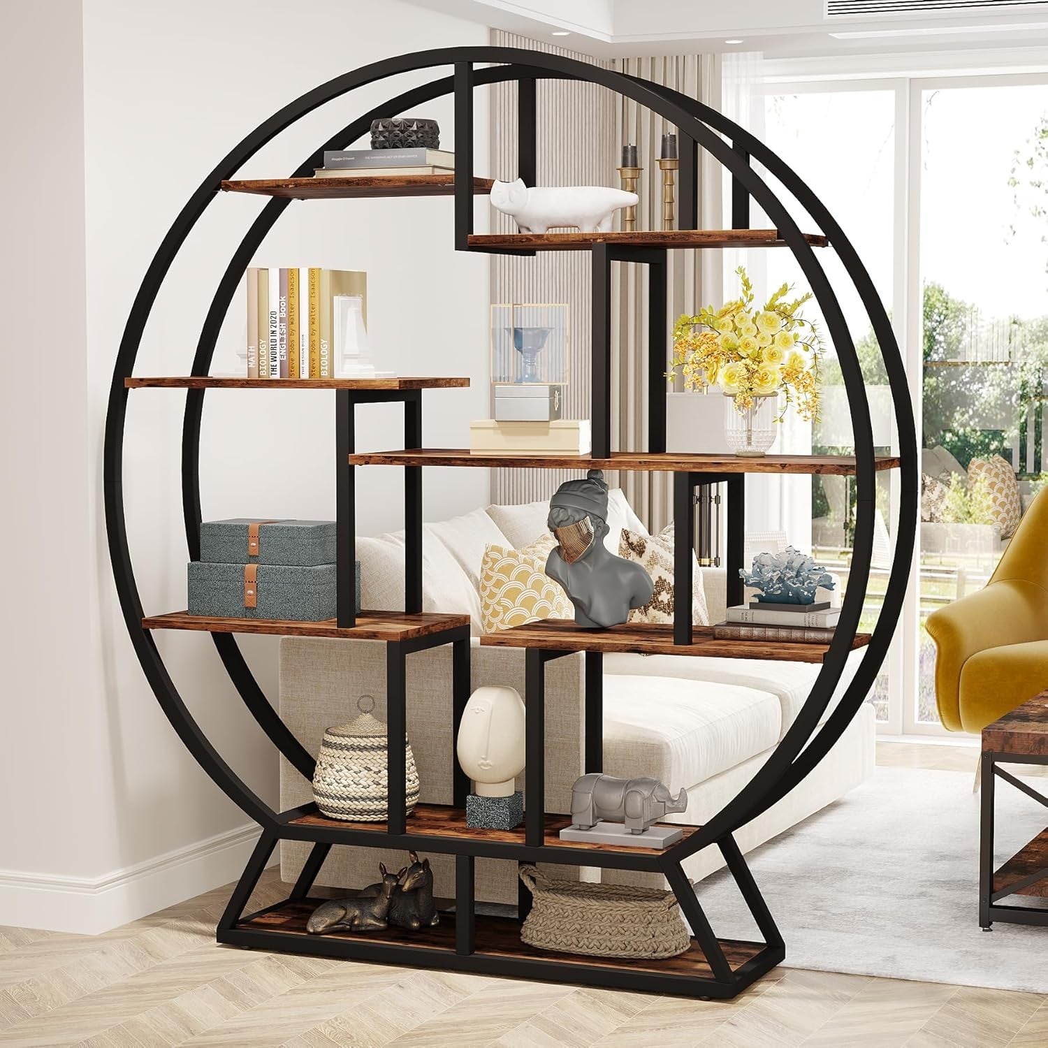 160cm Round Industrial Bookcase 5 Tier Metal Wood Display Shelf Organizer