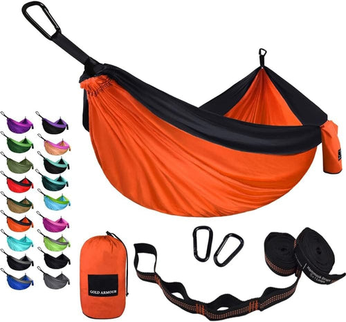 Ultra-Light Camping Hammock 500lb Capacity w Tree Straps Black,gold,orange