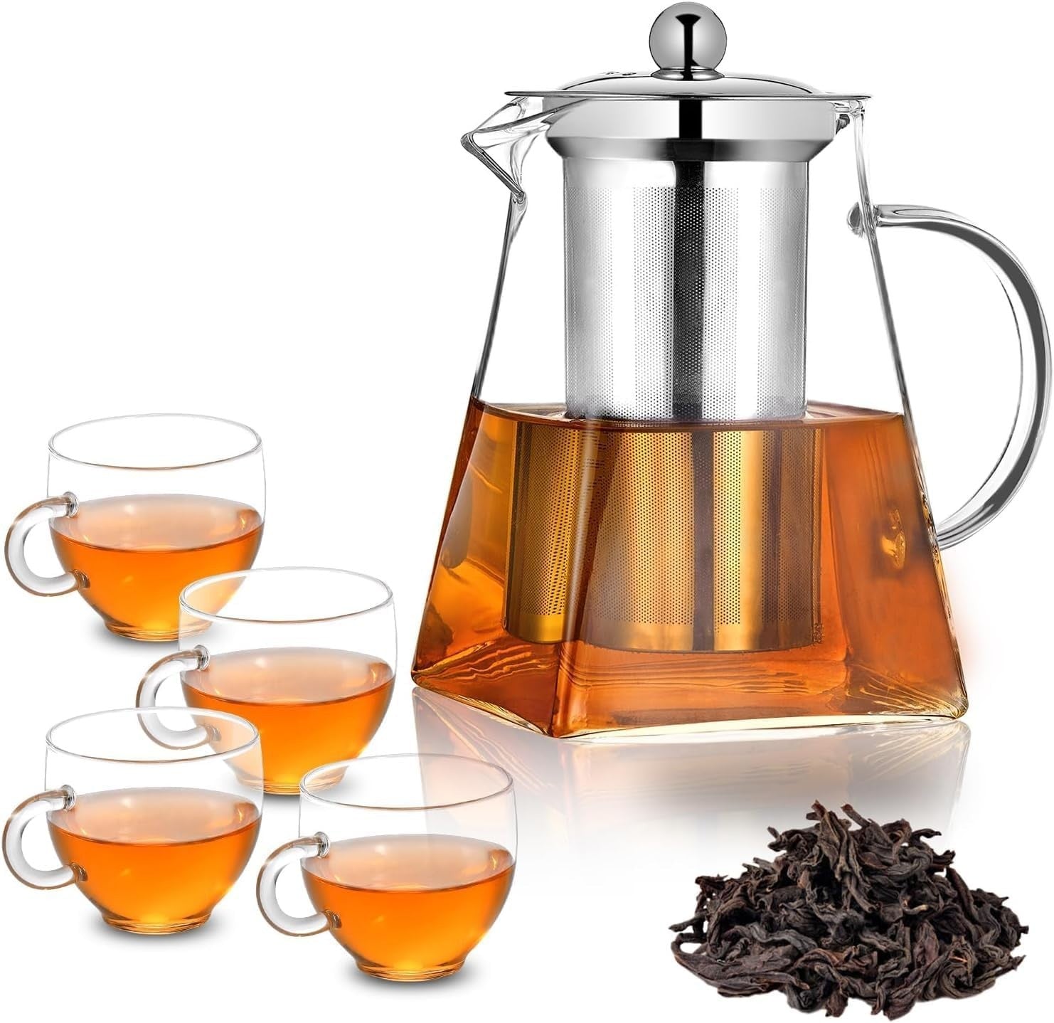 950ml Glass Teapot with Infuser & 4 Cups Loose Leaf Tea Set Clear