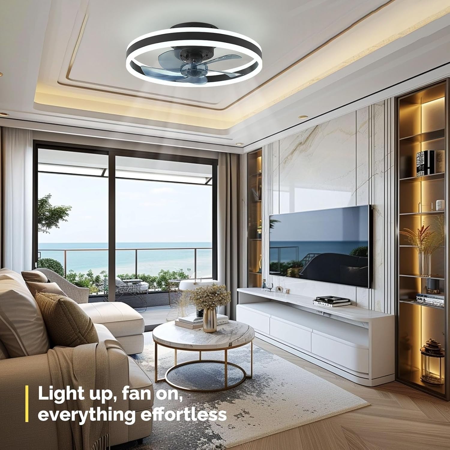 20" Ceiling Fan Light, 6 Speeds, Reversible, Smart Dimmable LED, App, Remote