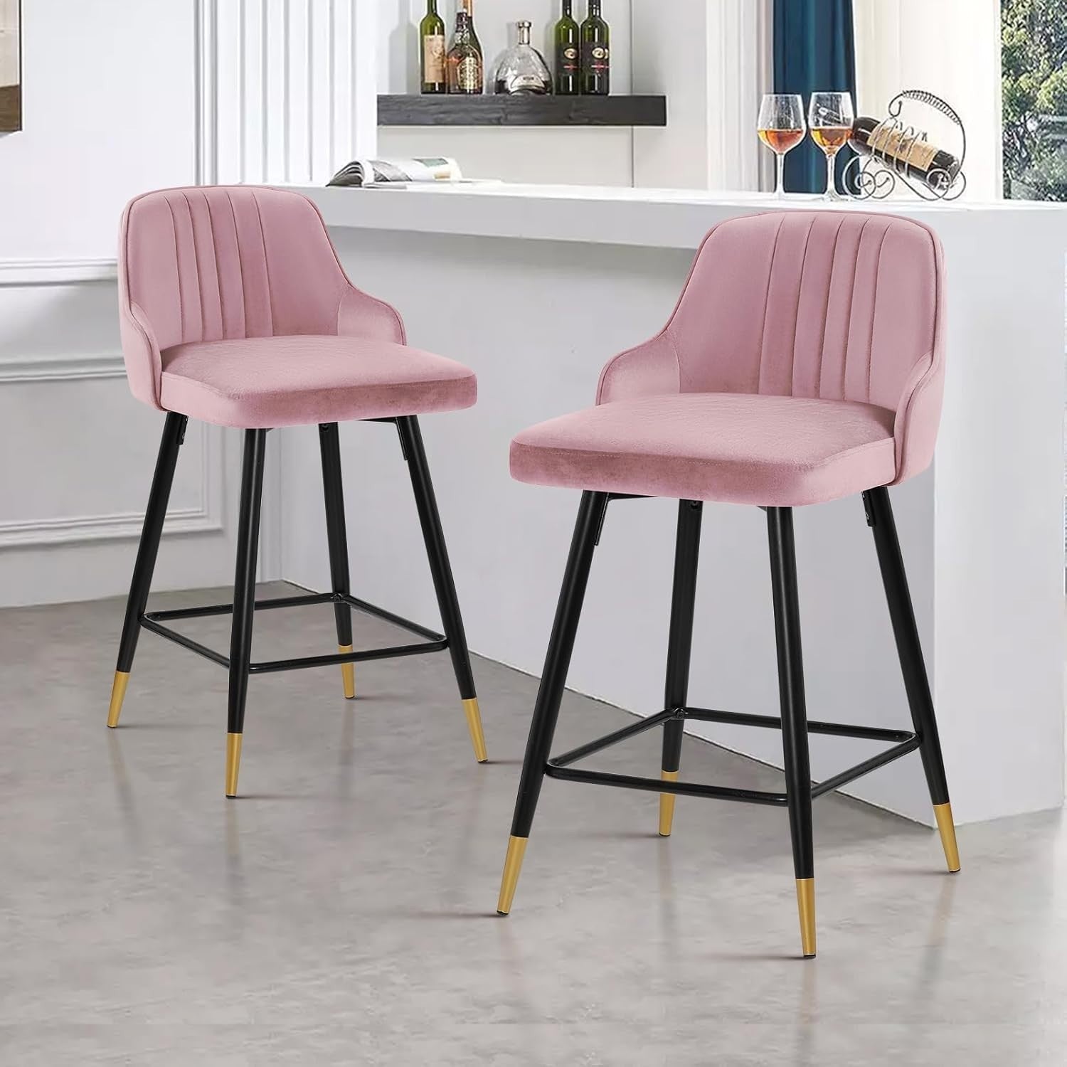 Pink Velvet Swivel Bar Stools Set of 2 – Modern Kitchen Counter Chairs
