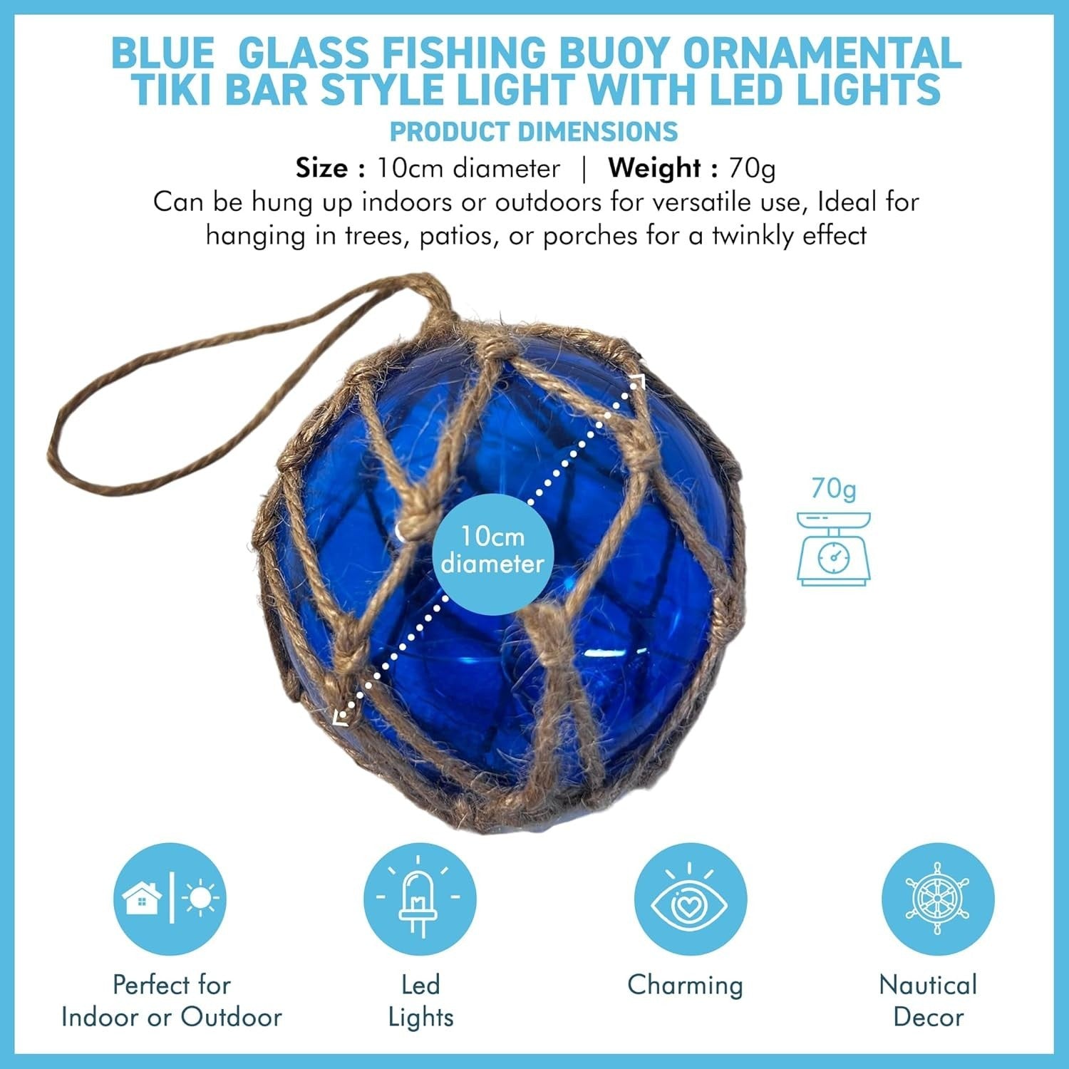 Blue Glass Fishing Buoy Light LED Nautical Hanging Decor Coastal Tiki Bar Lamp