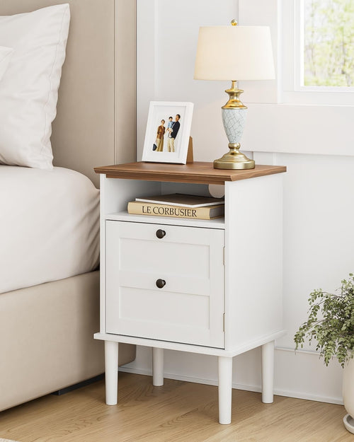 Wooden Bedside Table with Door & Shelf – White Farmhouse Nightstand 39x29x60cm