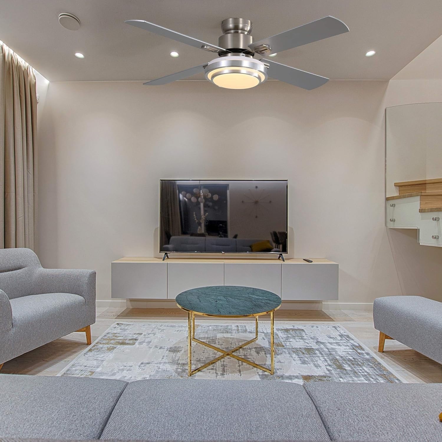 48" Ceiling Fan with LED Light, 4 Blades, Remote, Dimmable & Reversible, Nickel